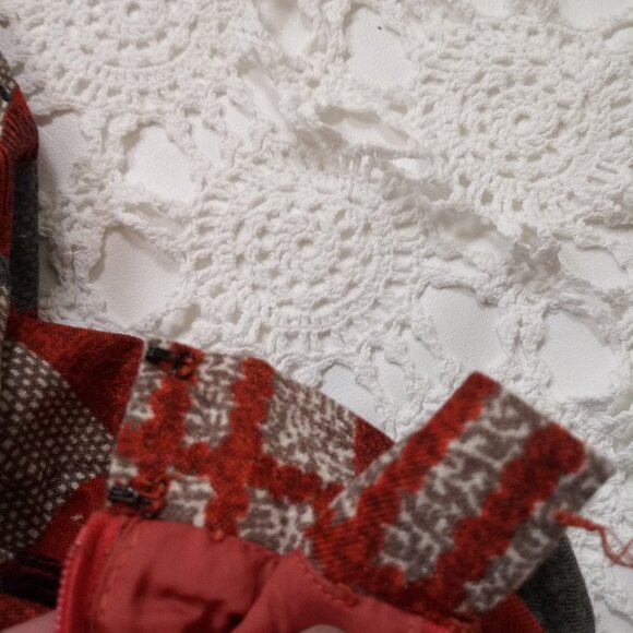 Vtg 70s Fit Flare Dress Plaid Bow Neck Orange Wool Skirt Retro Medium Women 8 - Picture 7 of 10